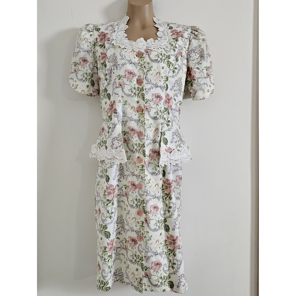 Vtg Cottage Core 80s Dress Cream Floral Lace Collar Peplum Positive Attitude 7/8